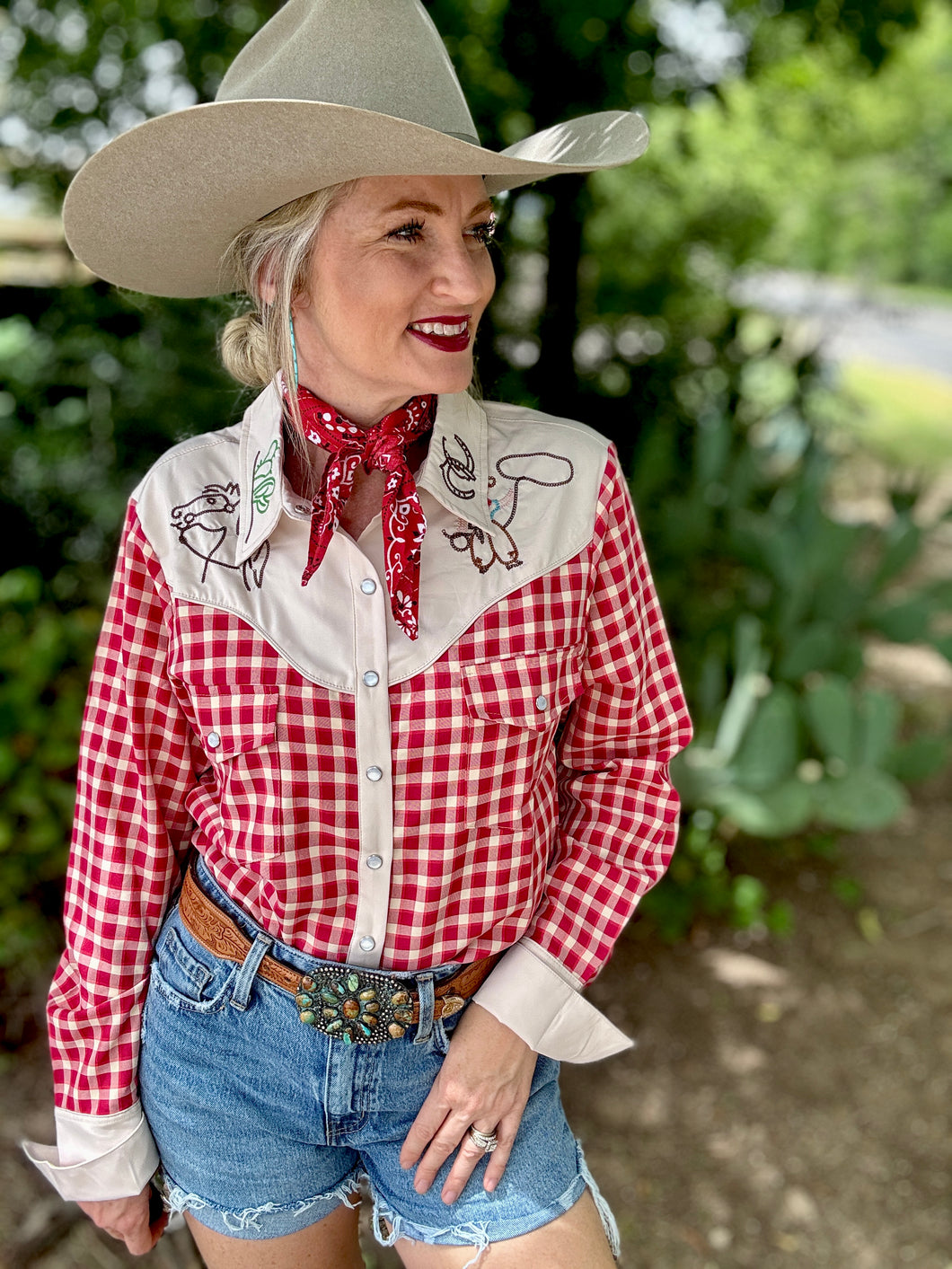 The Red Raider gingham pearl snap