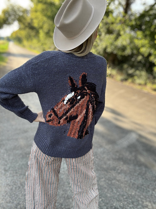Person wearing a navy sweater with a horse design outdoors