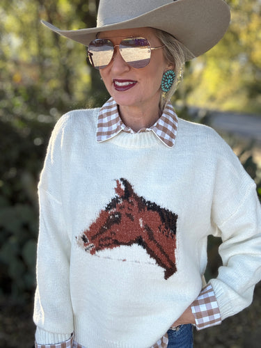 Person wearing a sweater with a horse design, sunglasses, and a cowboy hat outdoors.