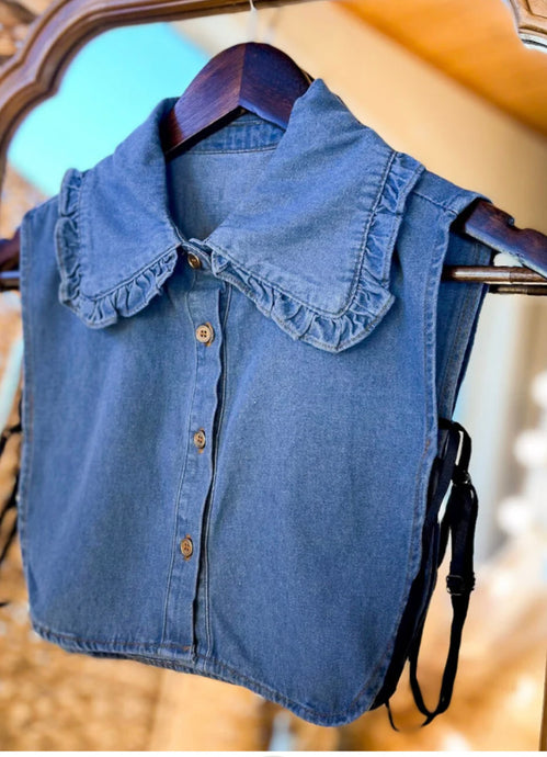 Blue denim collar on a hanger with a blurred background